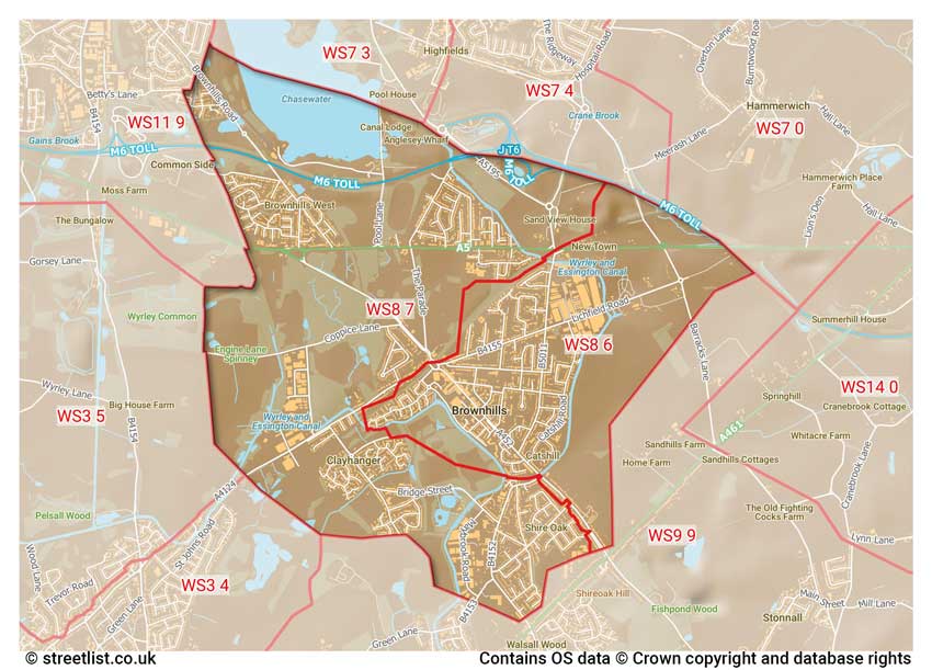 map showing postcode sectors within the WS8 district