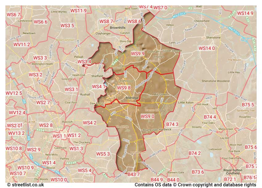 map showing postcode sectors within the WS9 district