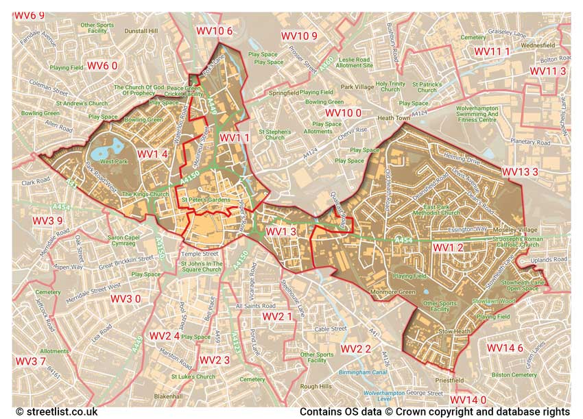 map showing postcode sectors within the WV1 district