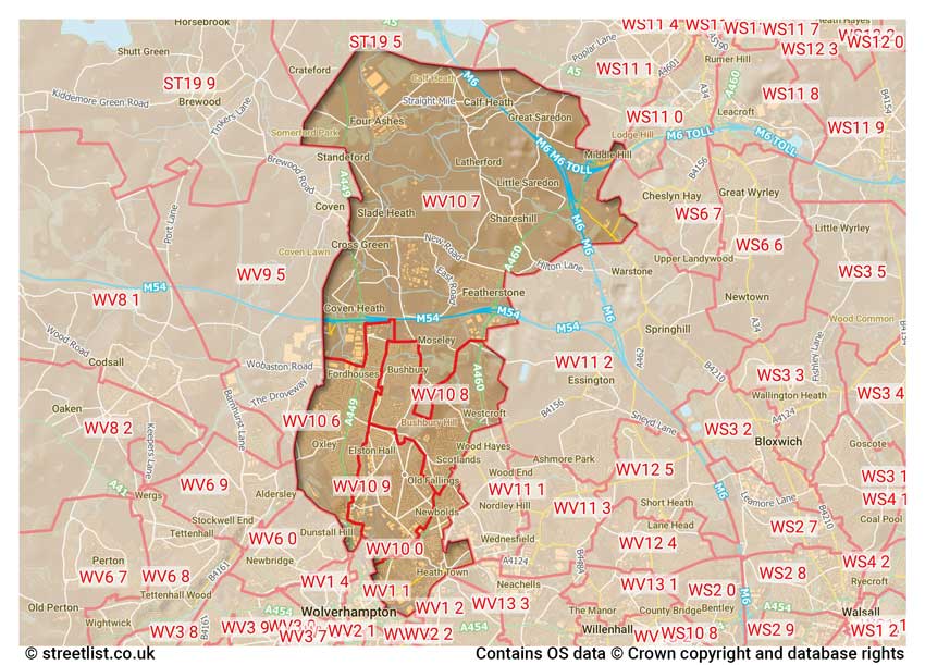 map showing postcode sectors within the WV10 district