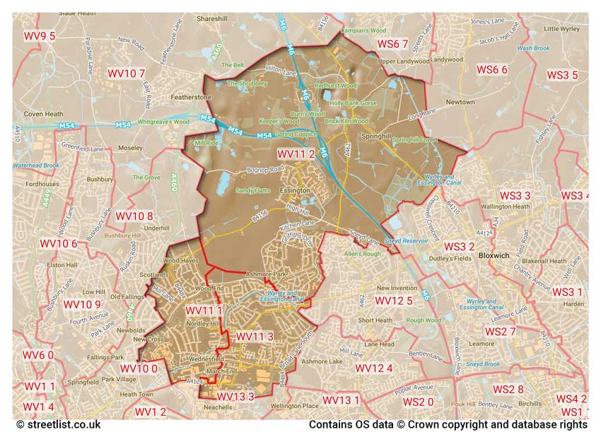 map showing postcode sectors within the WV11 district