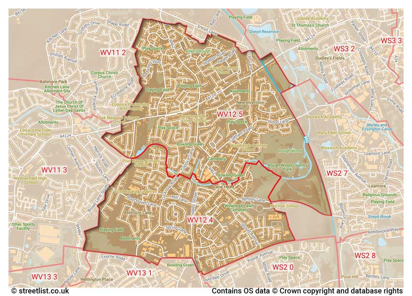 map showing postcode sectors within the WV12 district