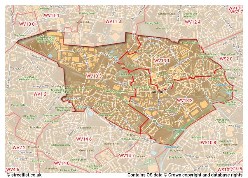 map showing postcode sectors within the WV13 district