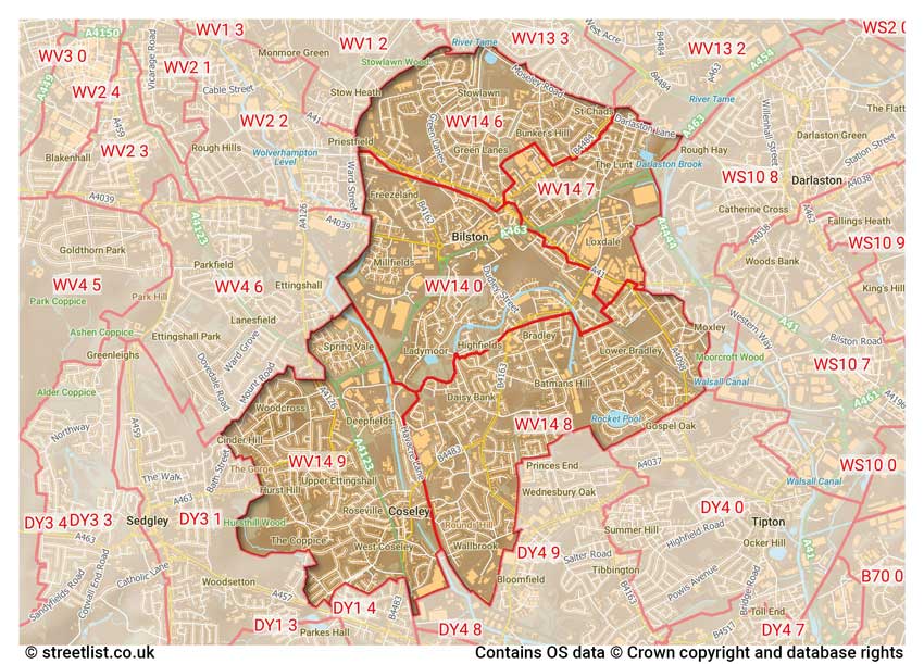 map showing postcode sectors within the WV14 district