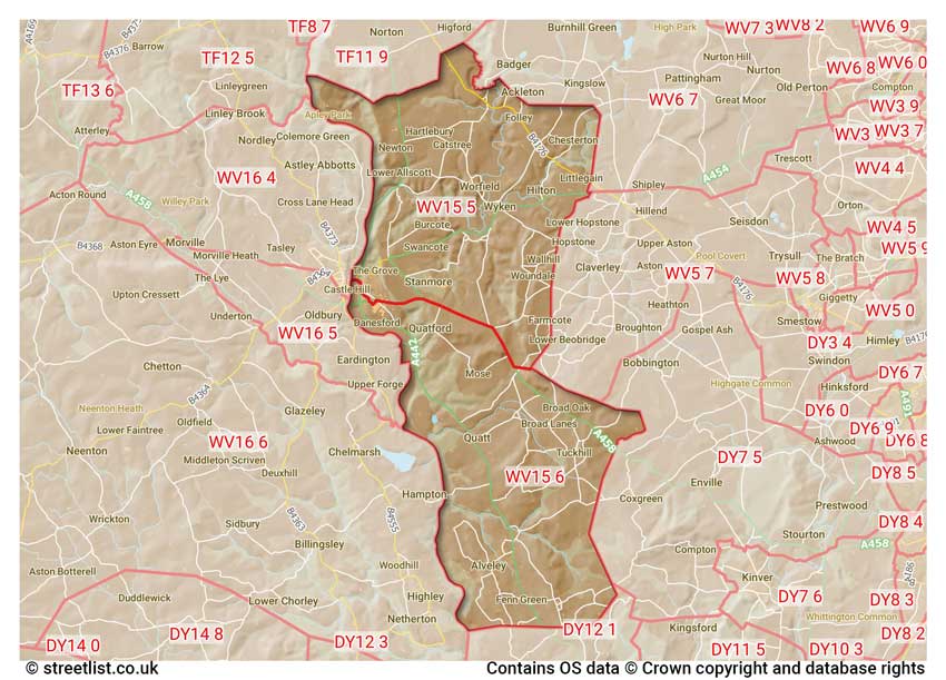 map showing postcode sectors within the WV15 district