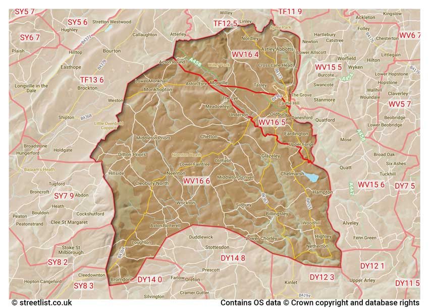 map showing postcode sectors within the WV16 district