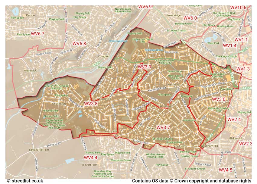 map showing postcode sectors within the WV3 district