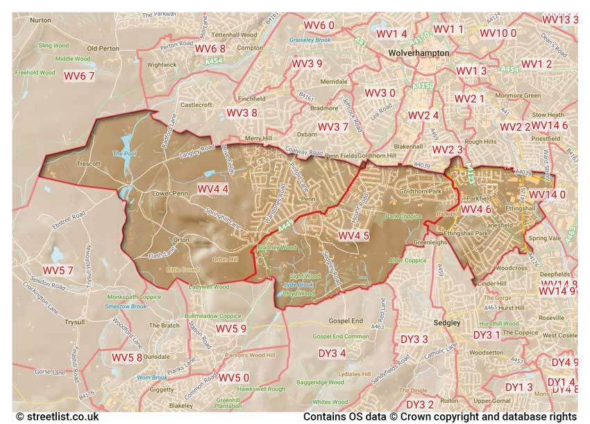 map showing postcode sectors within the WV4 district