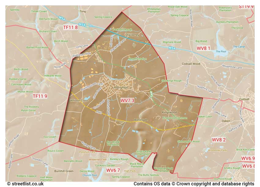 map showing postcode sectors within the WV7 district