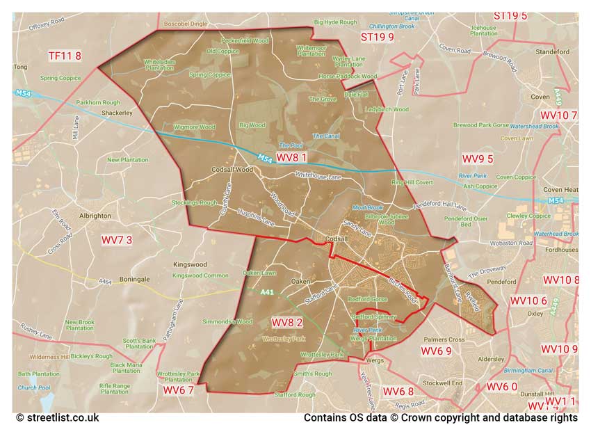 map showing postcode sectors within the WV8 district