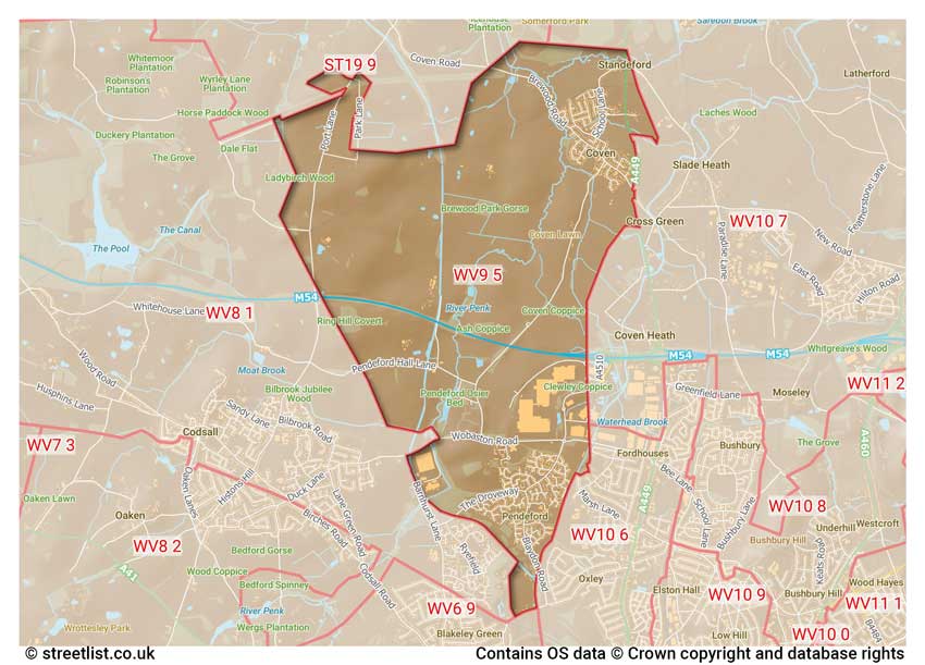 map showing postcode sectors within the WV9 district