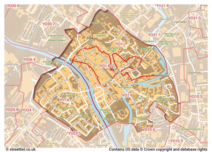 map showing postcode sectors within the YO1 district