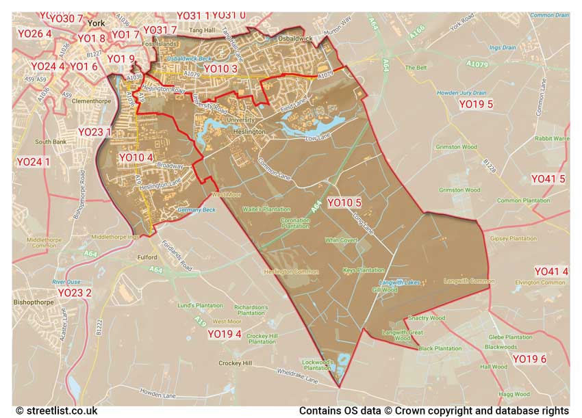 map showing postcode sectors within the YO10 district