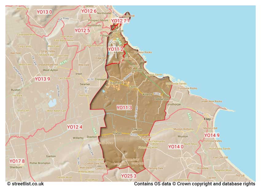 map showing postcode sectors within the YO11 district