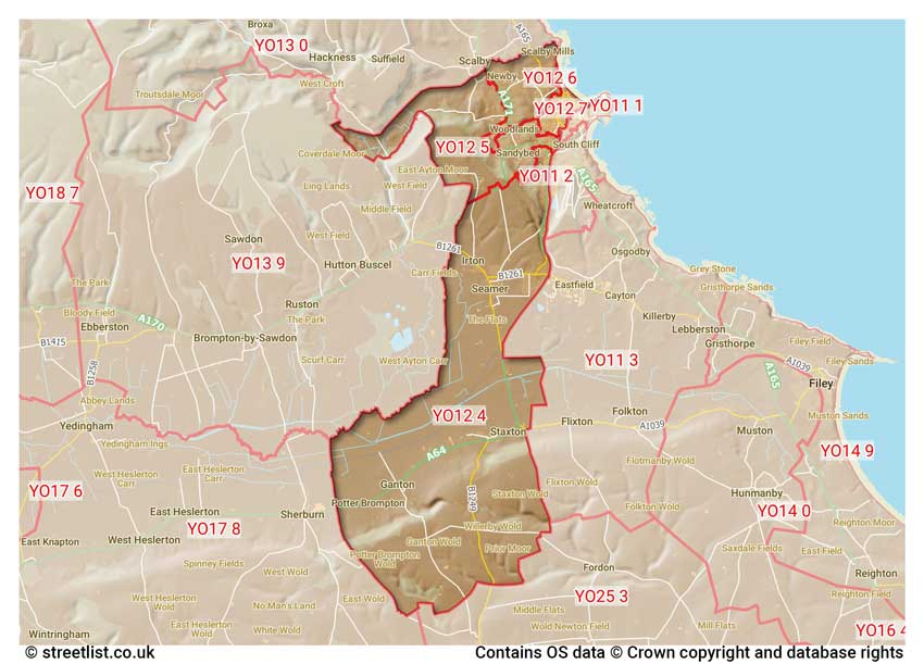 map showing postcode sectors within the YO12 district