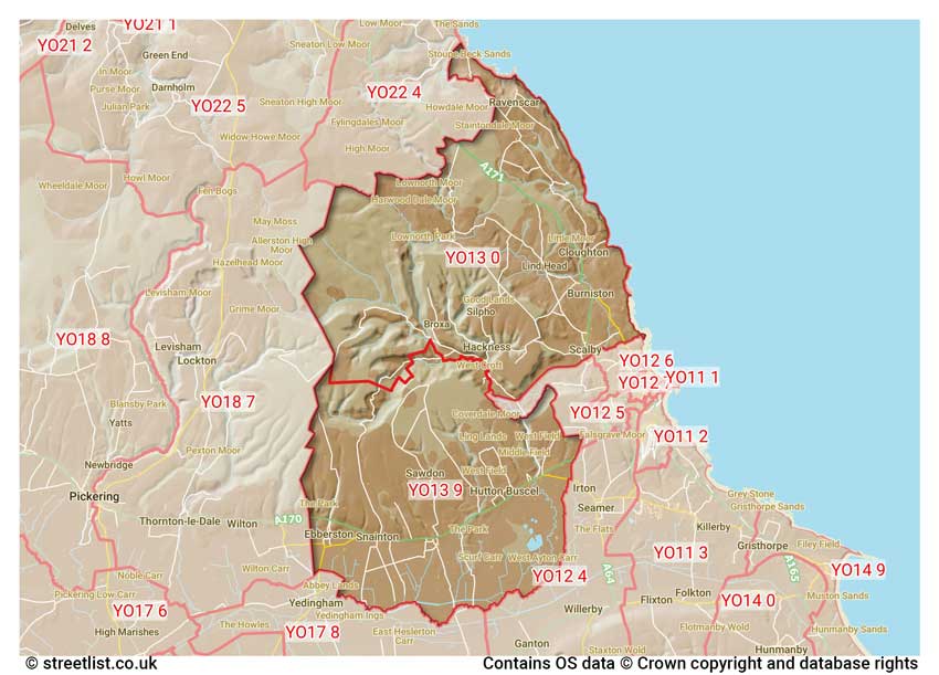 map showing postcode sectors within the YO13 district