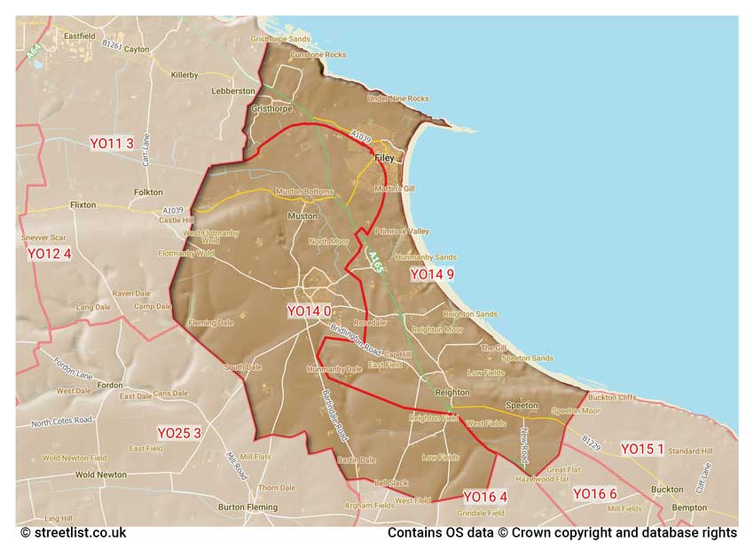 map showing postcode sectors within the YO14 district