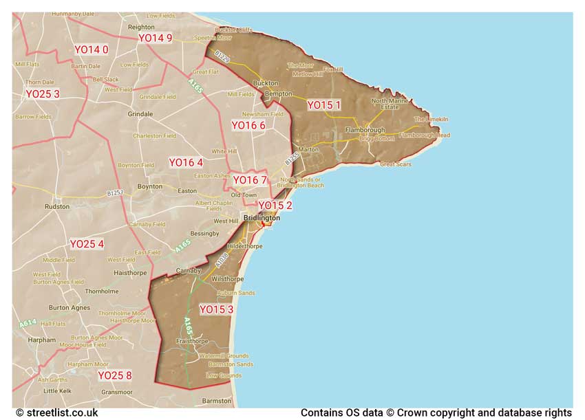 map showing postcode sectors within the YO15 district