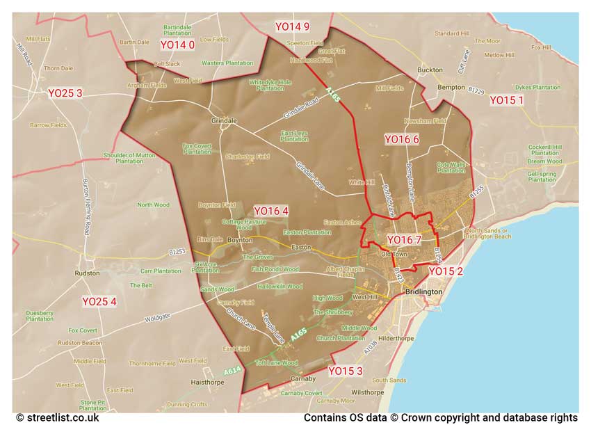 map showing postcode sectors within the YO16 district