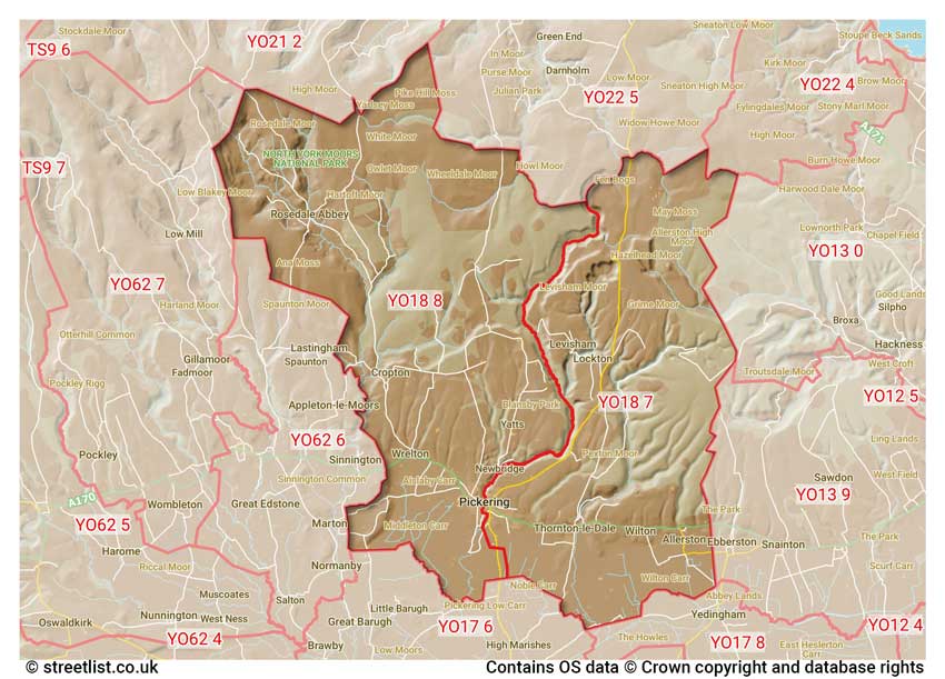 map showing postcode sectors within the YO18 district