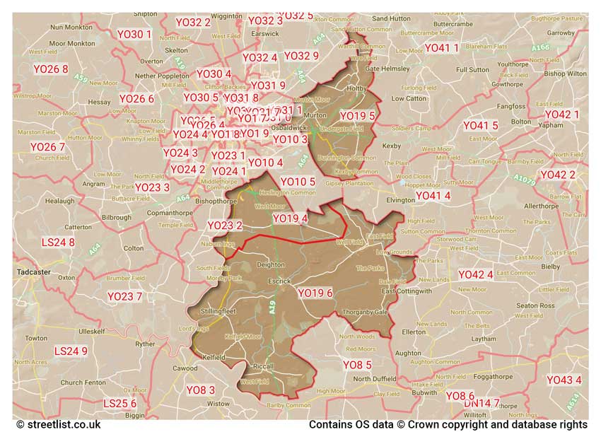 map showing postcode sectors within the YO19 district