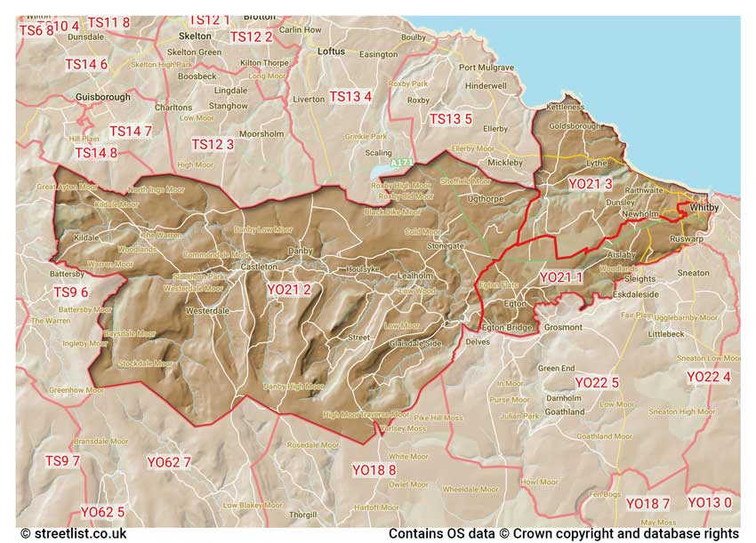 map showing postcode sectors within the YO21 district