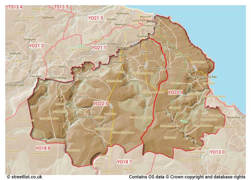 map showing postcode sectors within the YO22 district