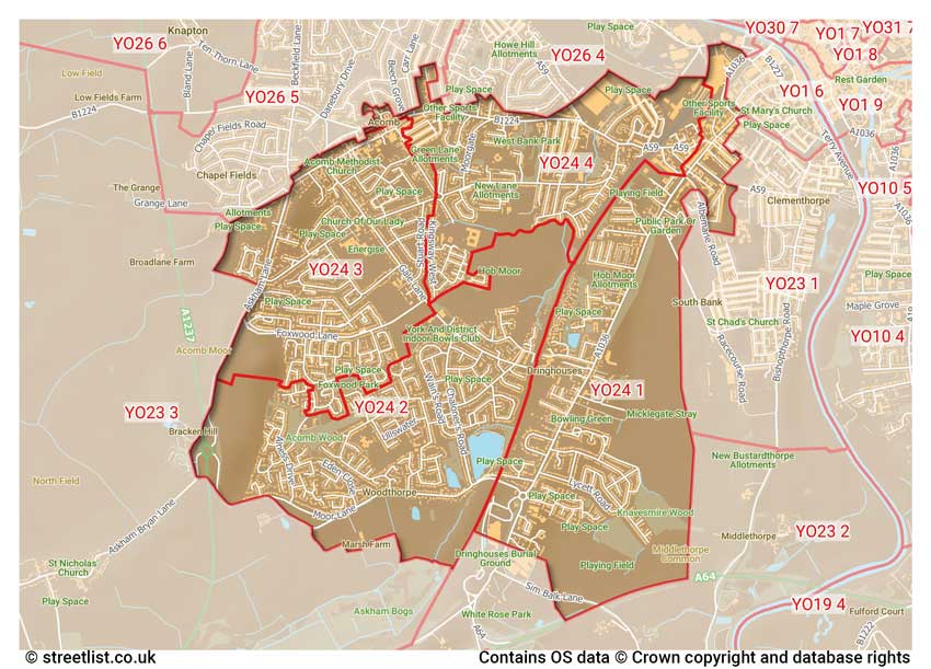 map showing postcode sectors within the YO24 district