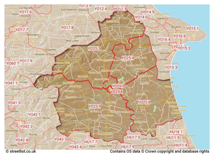 map showing postcode sectors within the YO25 district