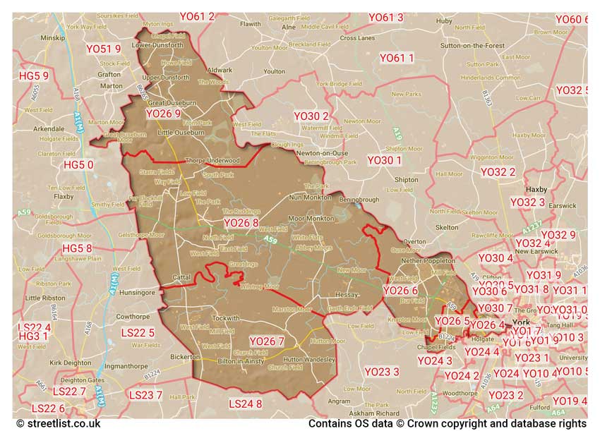 map showing postcode sectors within the YO26 district