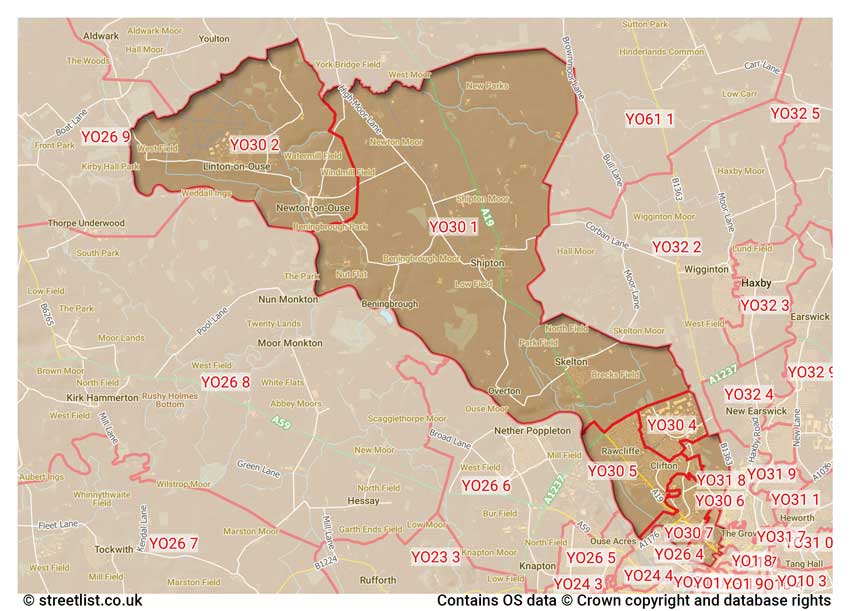 map showing postcode sectors within the YO30 district