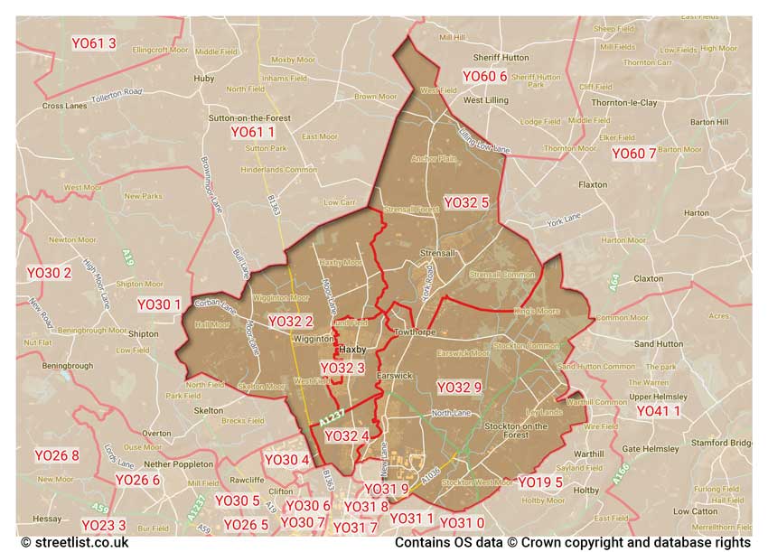 map showing postcode sectors within the YO32 district