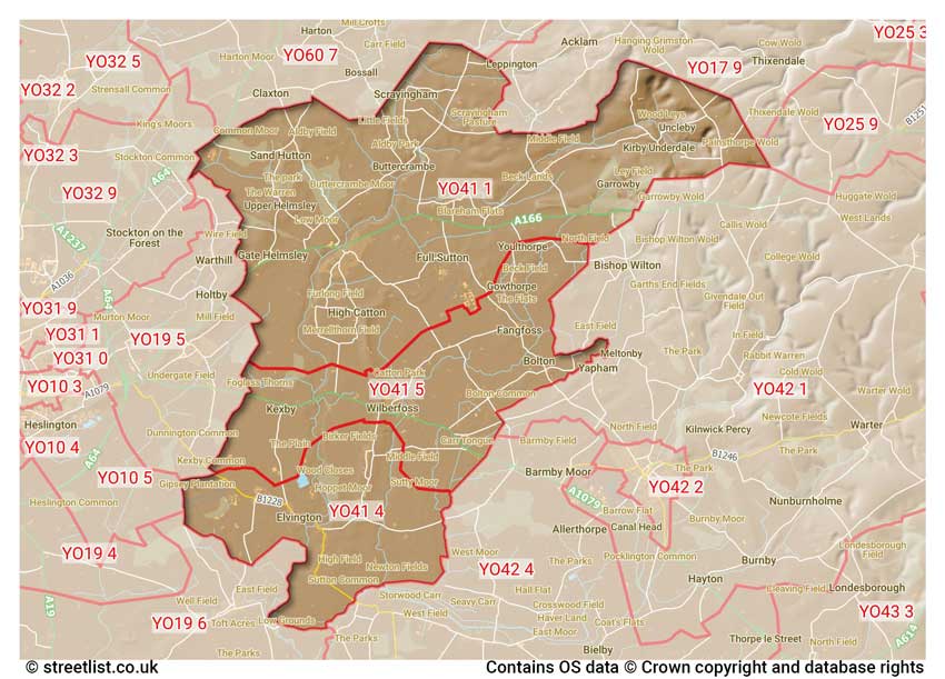 map showing postcode sectors within the YO41 district