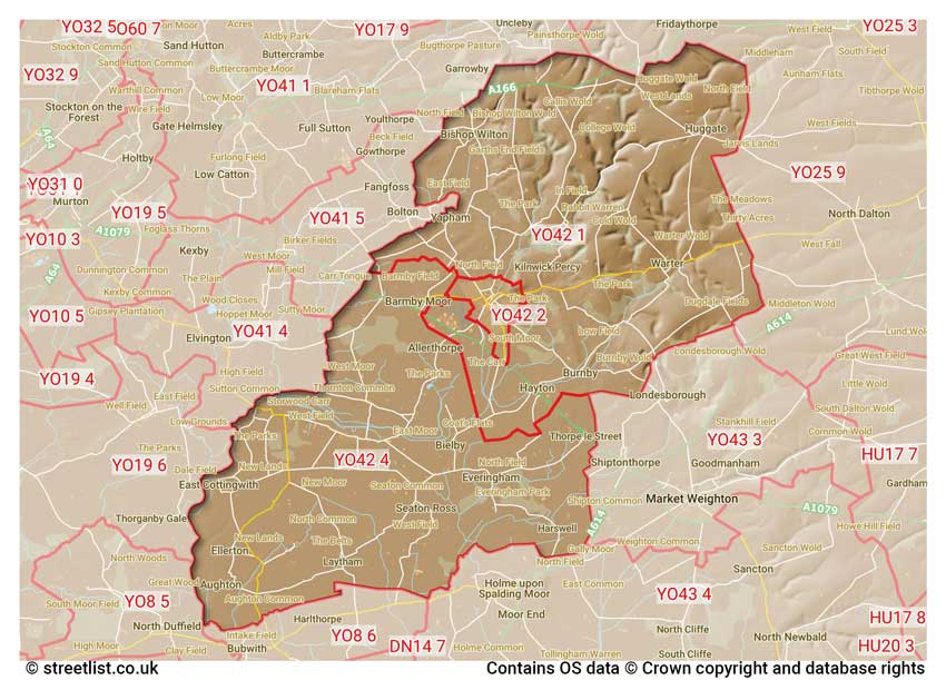 map showing postcode sectors within the YO42 district