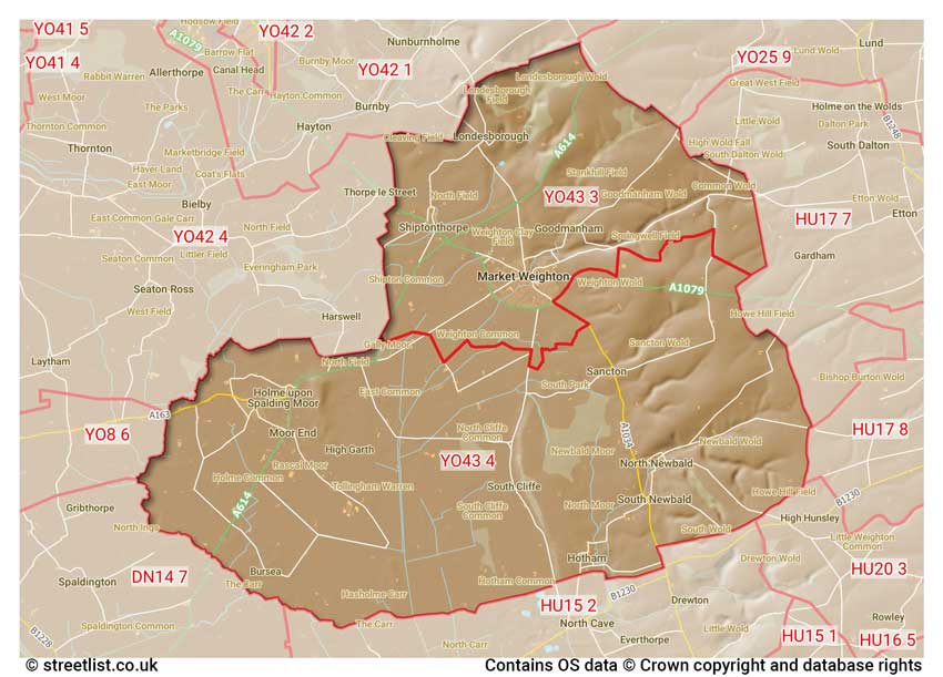 map showing postcode sectors within the YO43 district