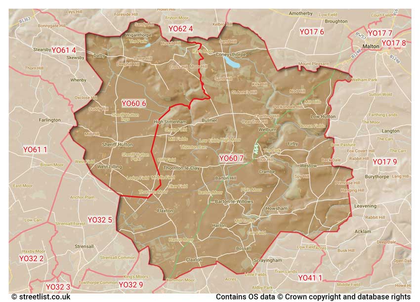 map showing postcode sectors within the YO60 district