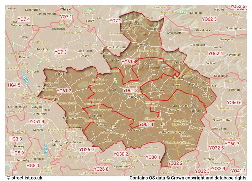 map showing postcode sectors within the YO61 district