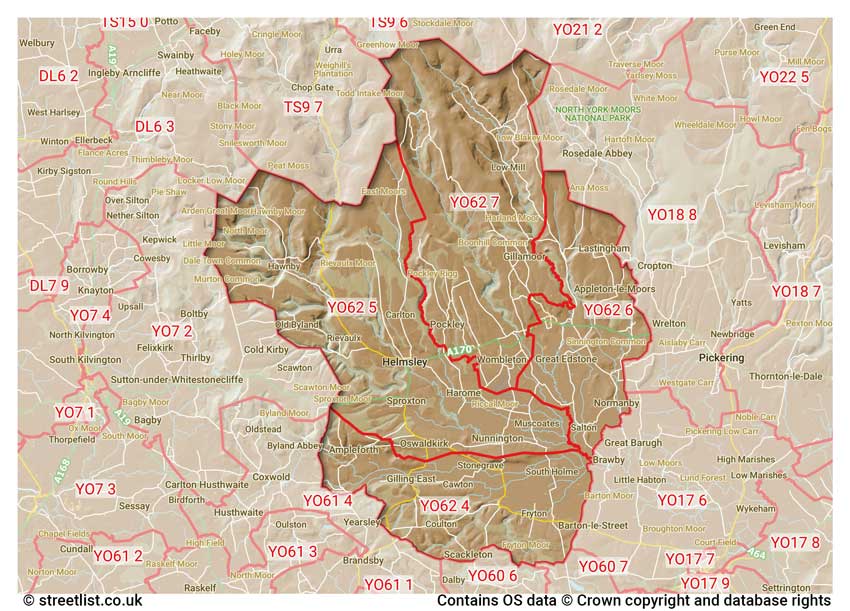 map showing postcode sectors within the YO62 district