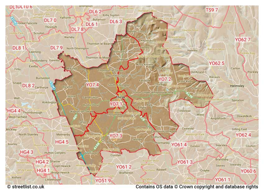 map showing postcode sectors within the YO7 district