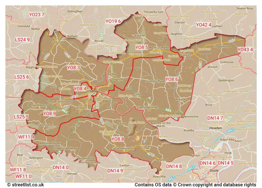 map showing postcode sectors within the YO8 district