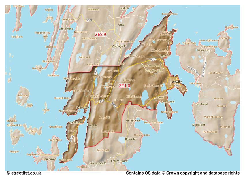 map showing postcode sectors within the ZE1 district