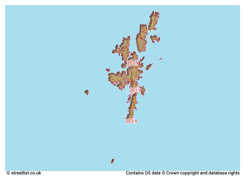 map showing postcode sectors within the ZE2 district