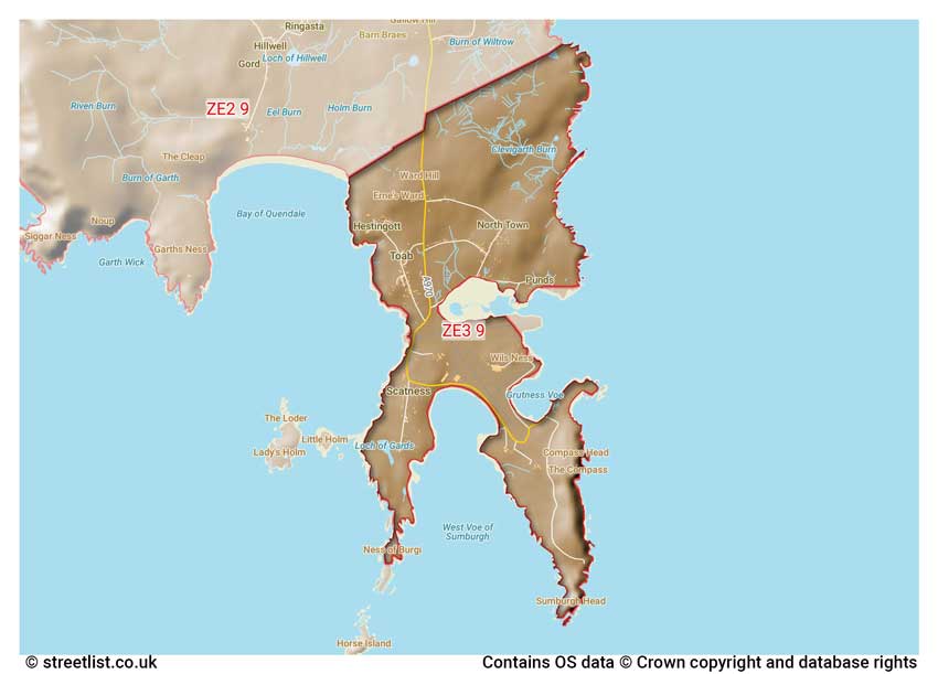 map showing postcode sectors within the ZE3 district