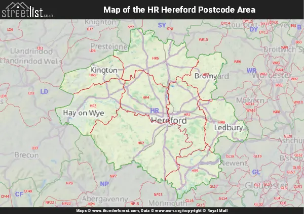 Map of the HR Postcode Area