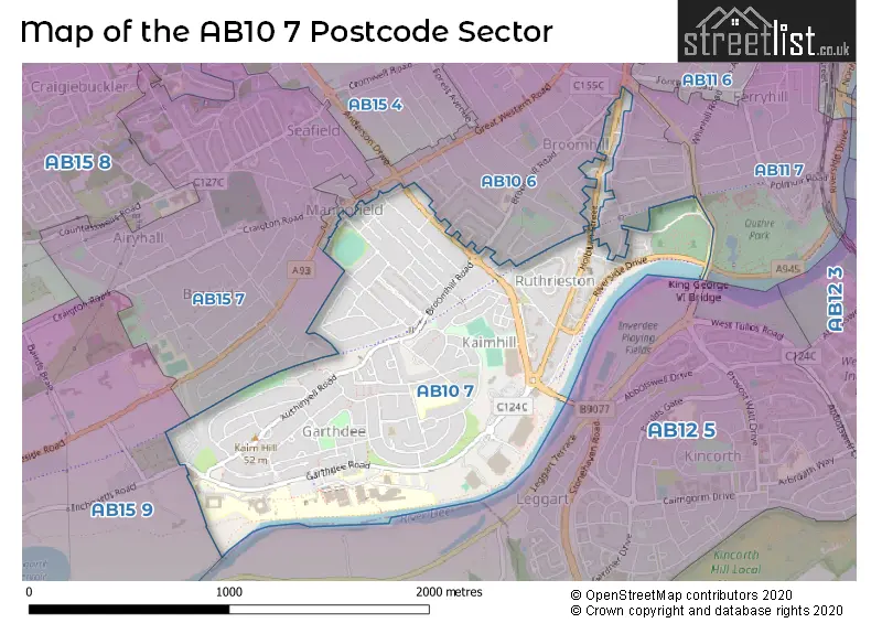 Map of the AB10 7 and surrounding postcode sector