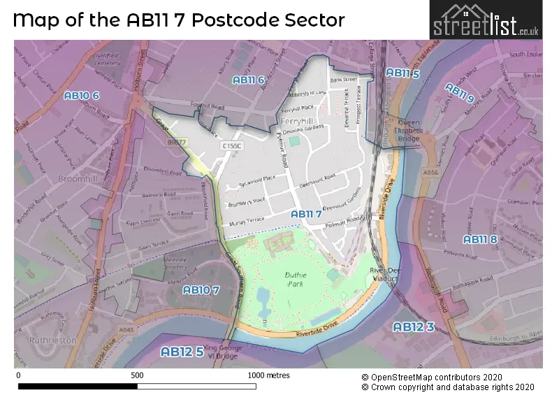 Map of the AB11 7 and surrounding postcode sector