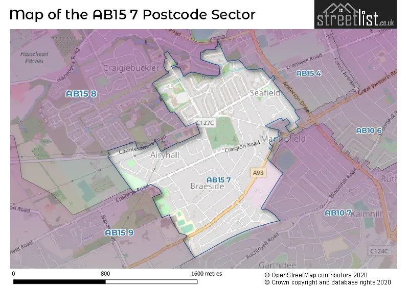 Map of the AB15 7 and surrounding postcode sector