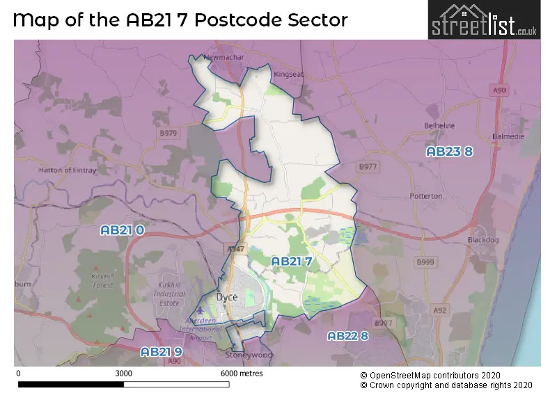 Map of the AB21 7 and surrounding postcode sector