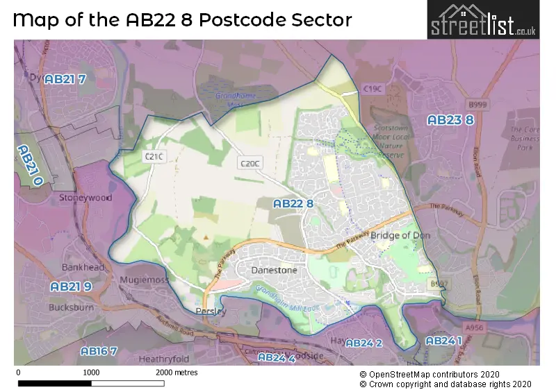 Map of the AB22 8 and surrounding postcode sector