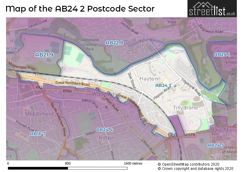 Map of the AB24 2 and surrounding postcode sector